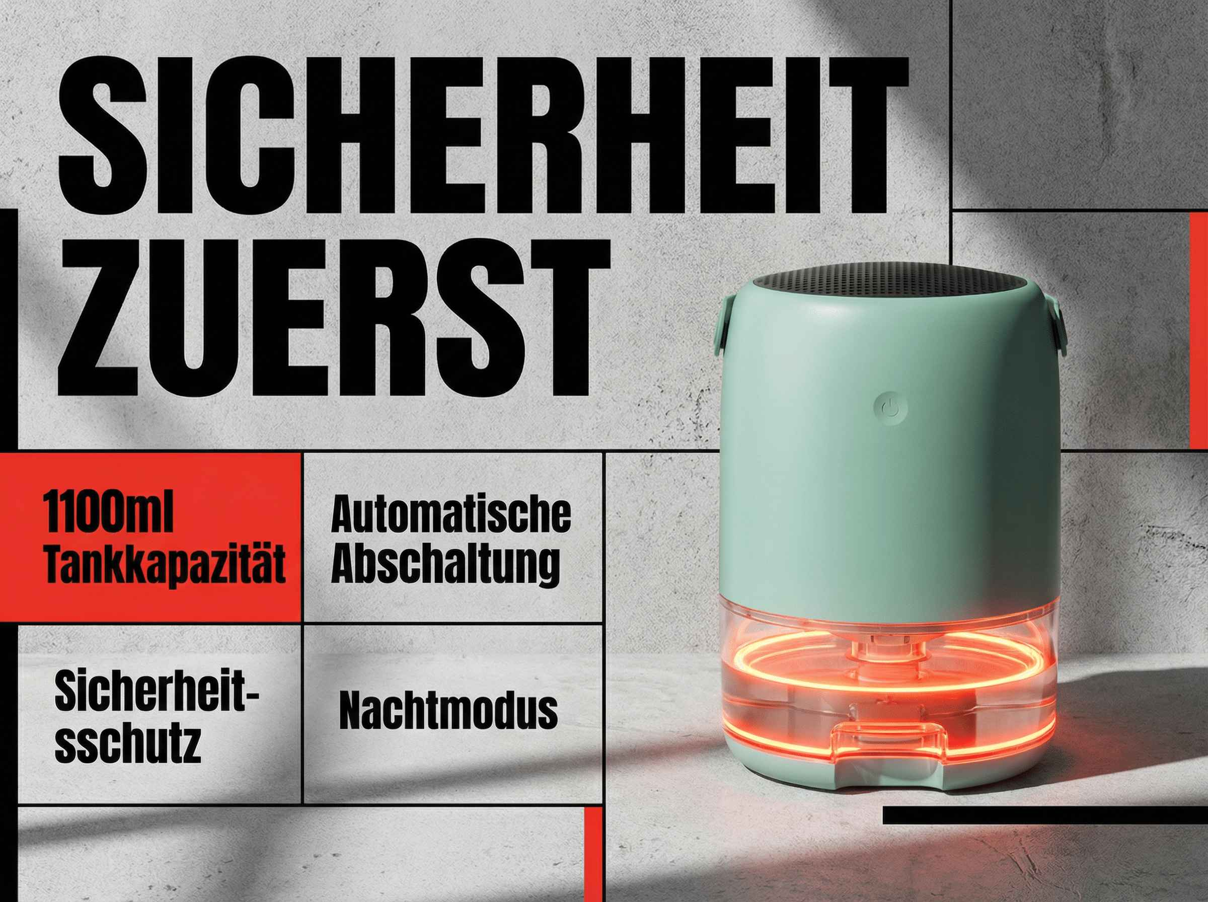 Ein mintgrüner Luftbefeuchter mit leuchtendem Wasserbehälter steht.