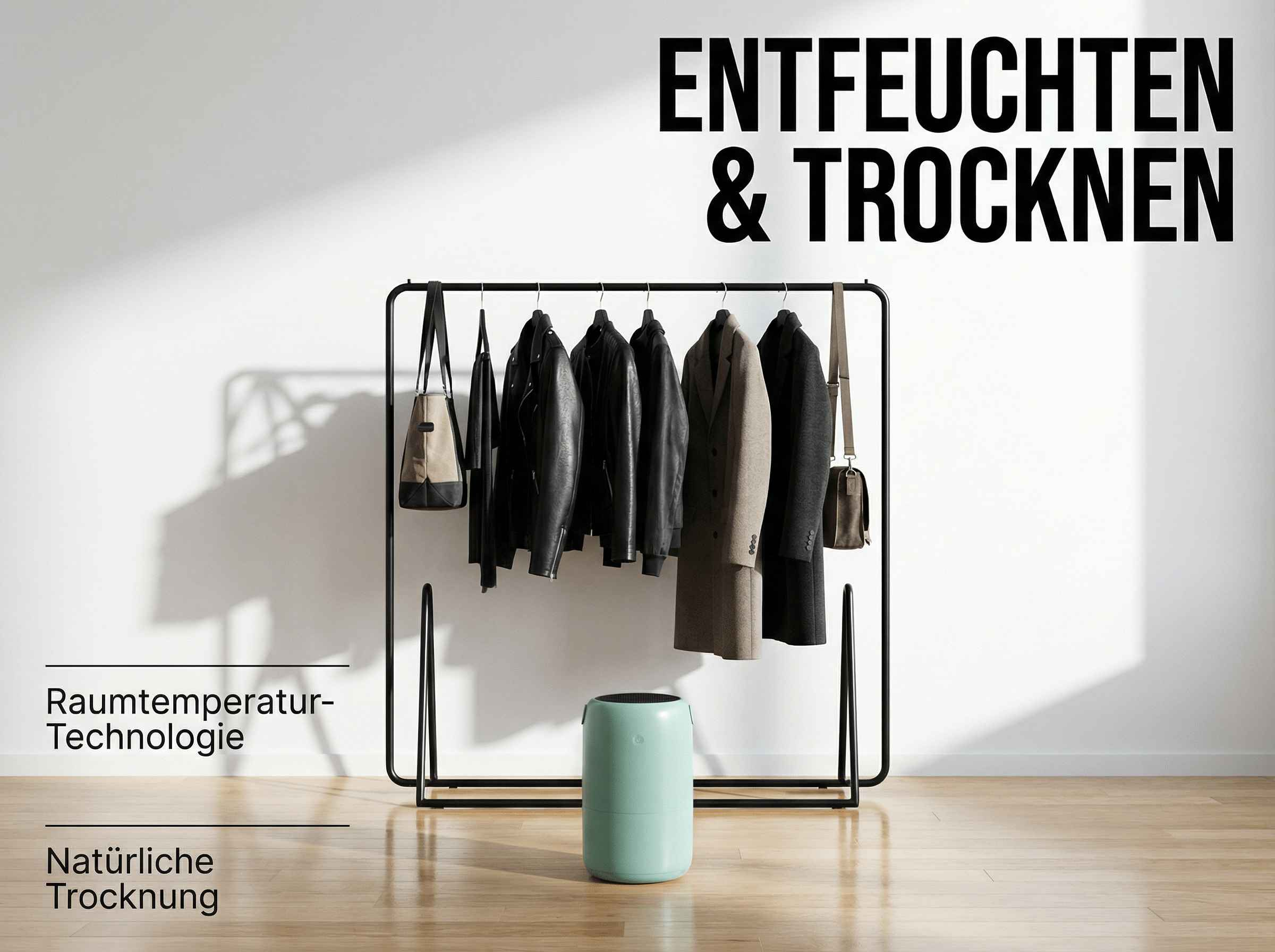 Ein Kleiderständer mit Jacken und Mänteln, daneben ein mintgrüner Luftentfeuchter.