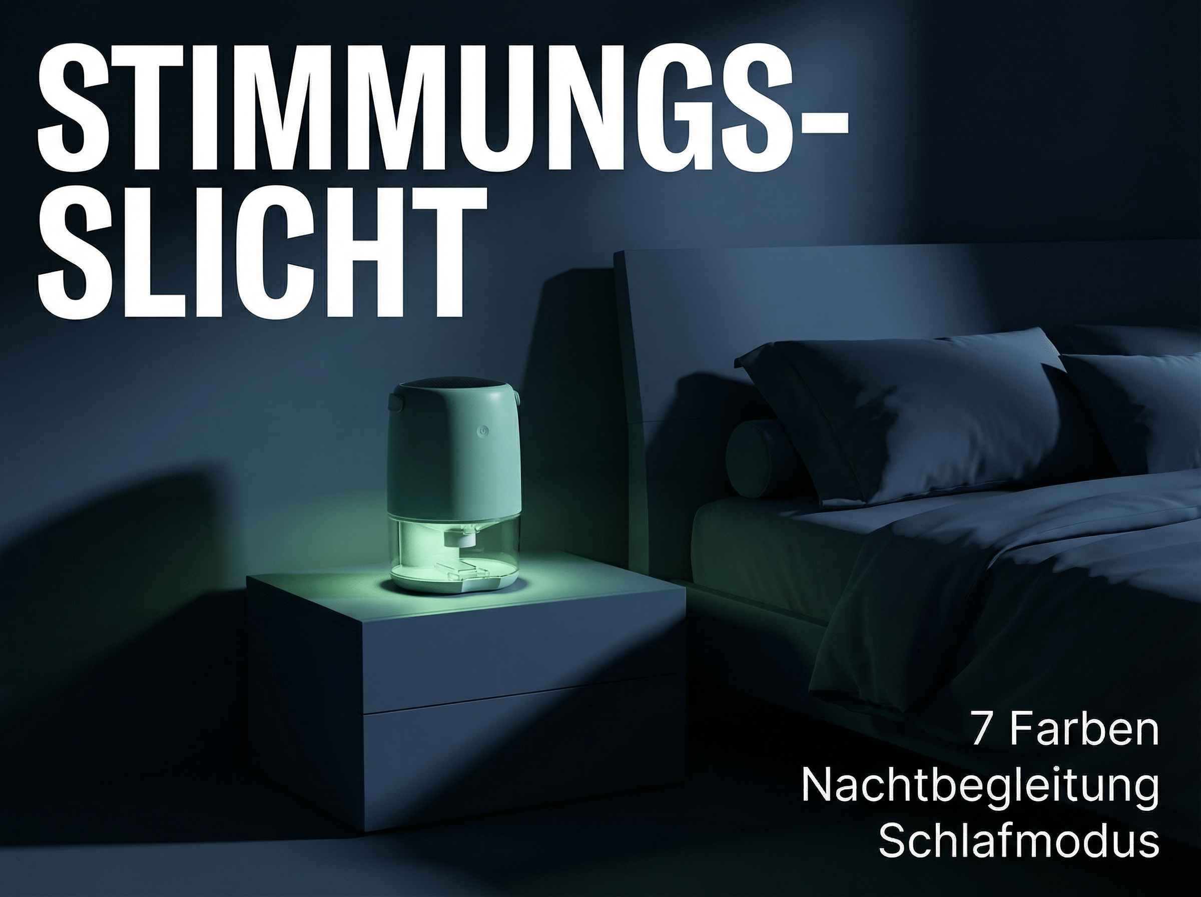 Ein Nachttisch mit einer Lampe daneben ein Bett mit Kissen.