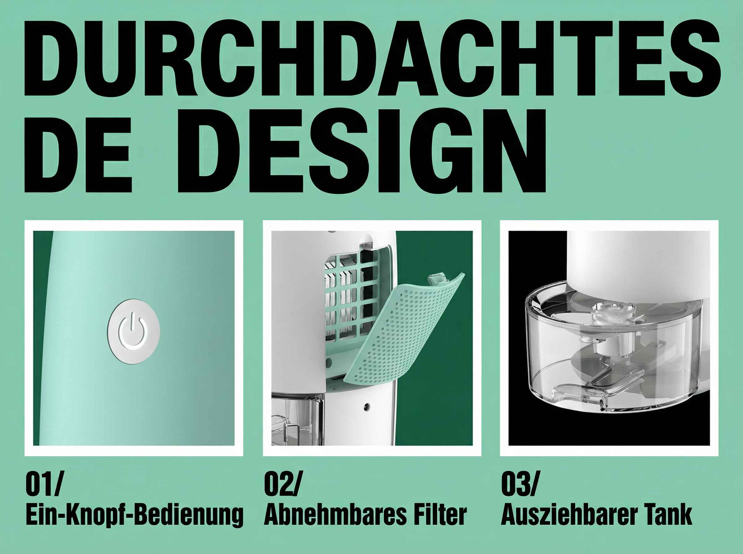 Drei Produktansichten: Bedienknopf, Filter und Tank.
