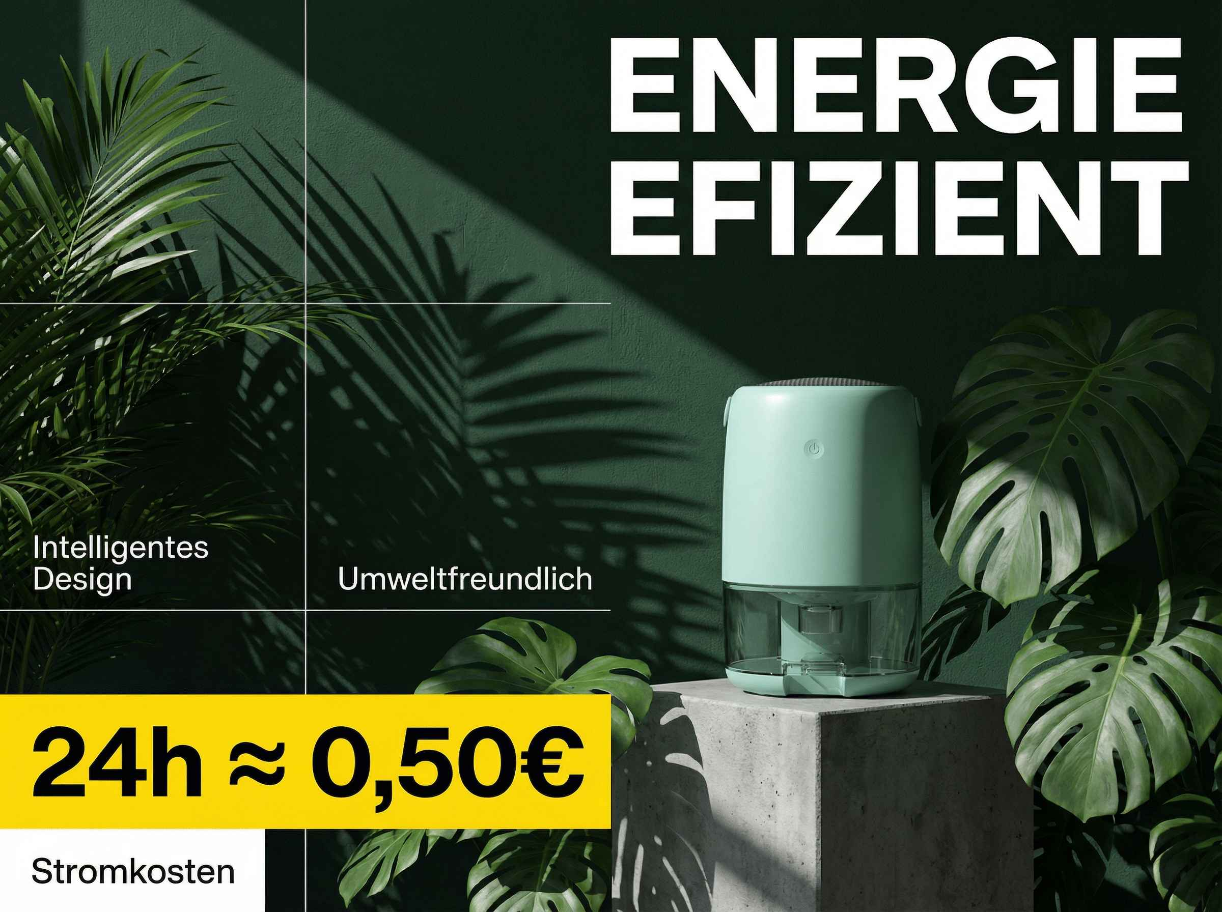 Grüner Luftentfeuchter auf Betonblock, Pflanzen und Text. Energieeffizient.