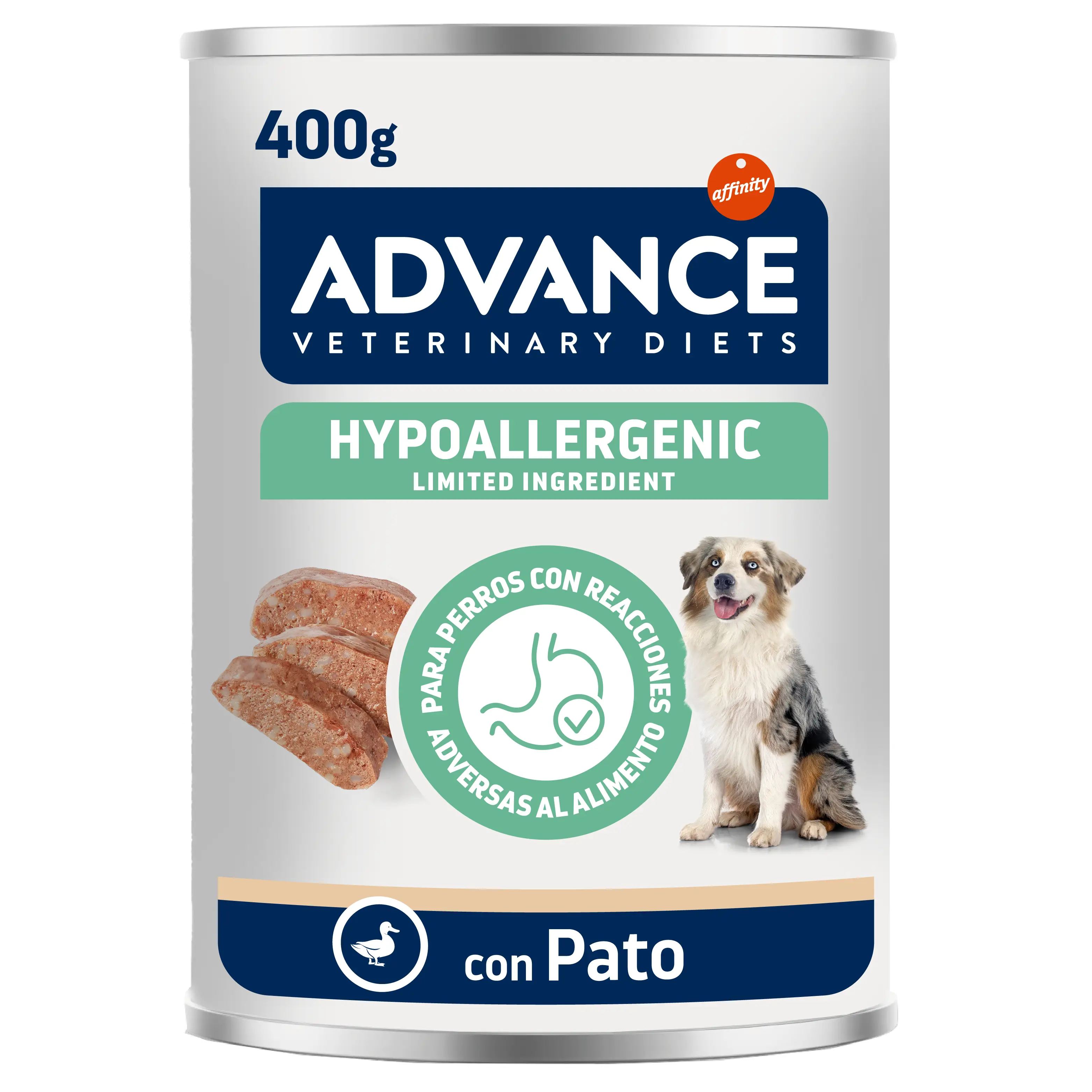 Lata de Advance Hypoallergenic para perros con un perro y trozos de carne.