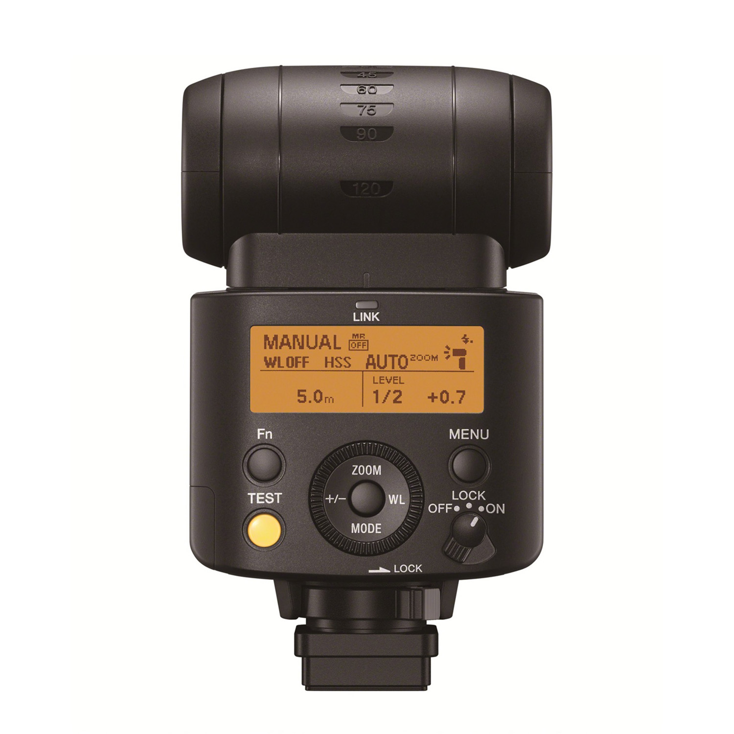 Czarny flesz do aparatu z pomarańczowym ekranem LCD i przyciskami sterującymi.