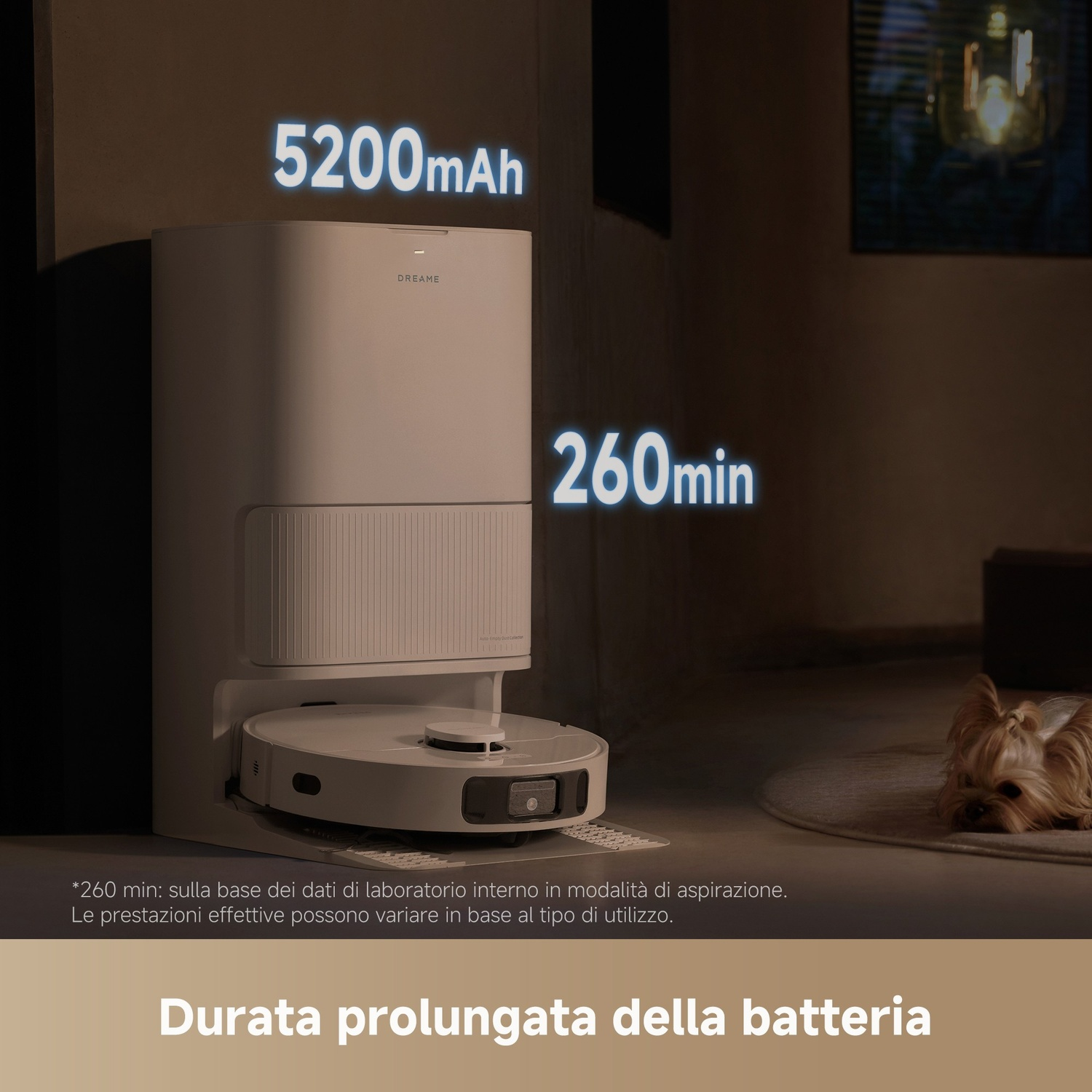 Base bianca per robot aspirapolvere con 5200mAh e 260min di batteria.