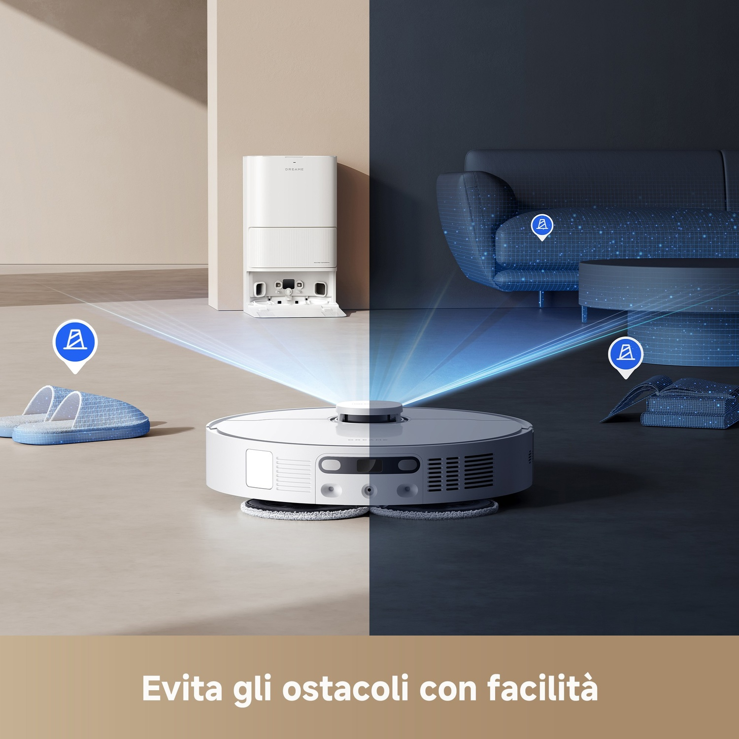 Un robot aspirapolvere bianco naviga attorno a ostacoli come pantofole e un libro.