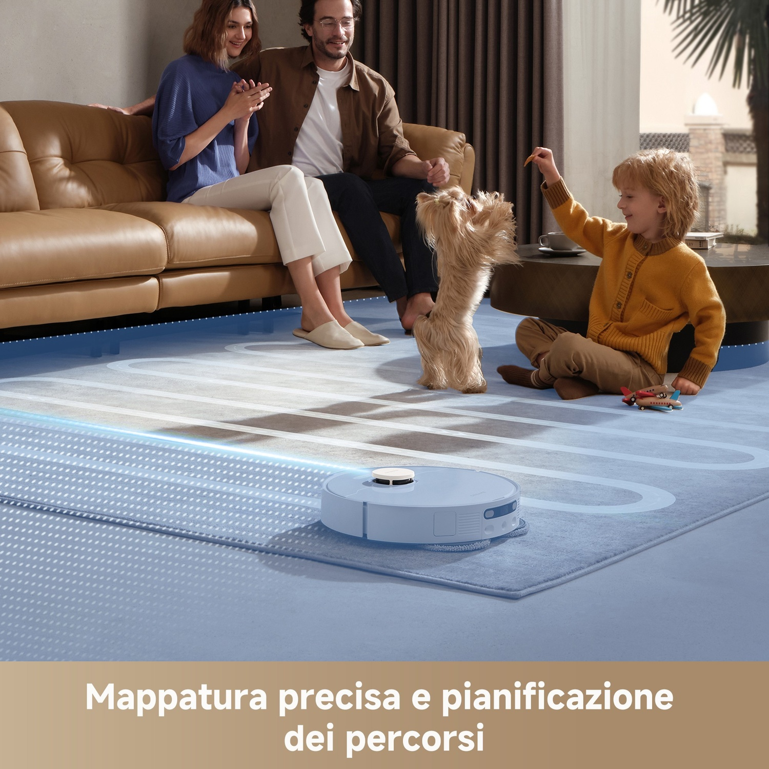 Un robot aspirapolvere pulisce un tappeto mentre una famiglia e un cane giocano in salotto.