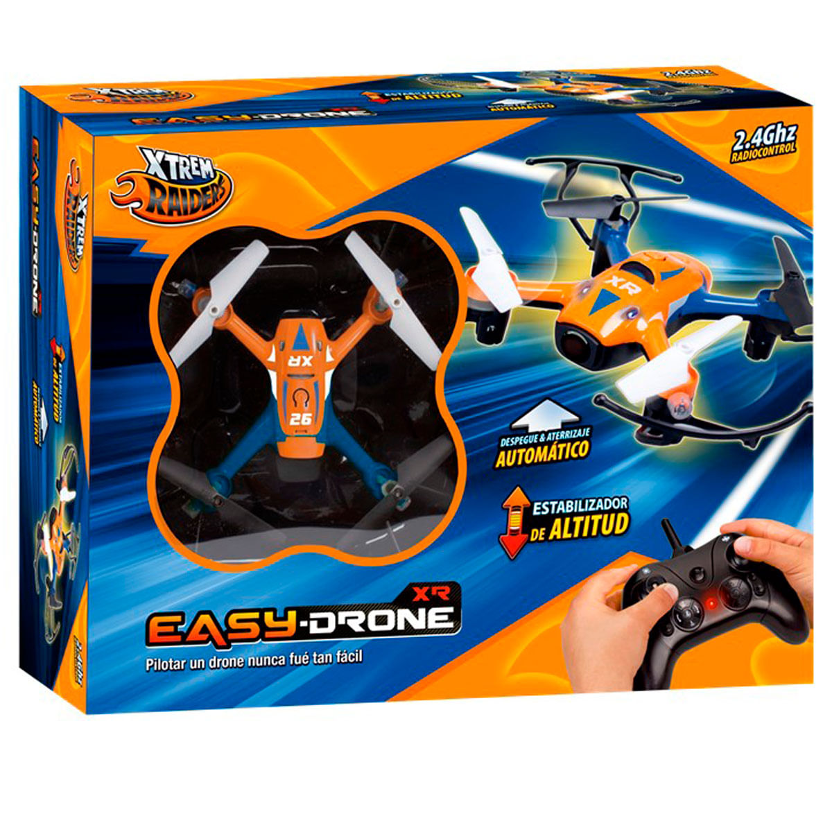 Confezione di un giocattolo "Easy-Drone" arancione e blu con telecomando.