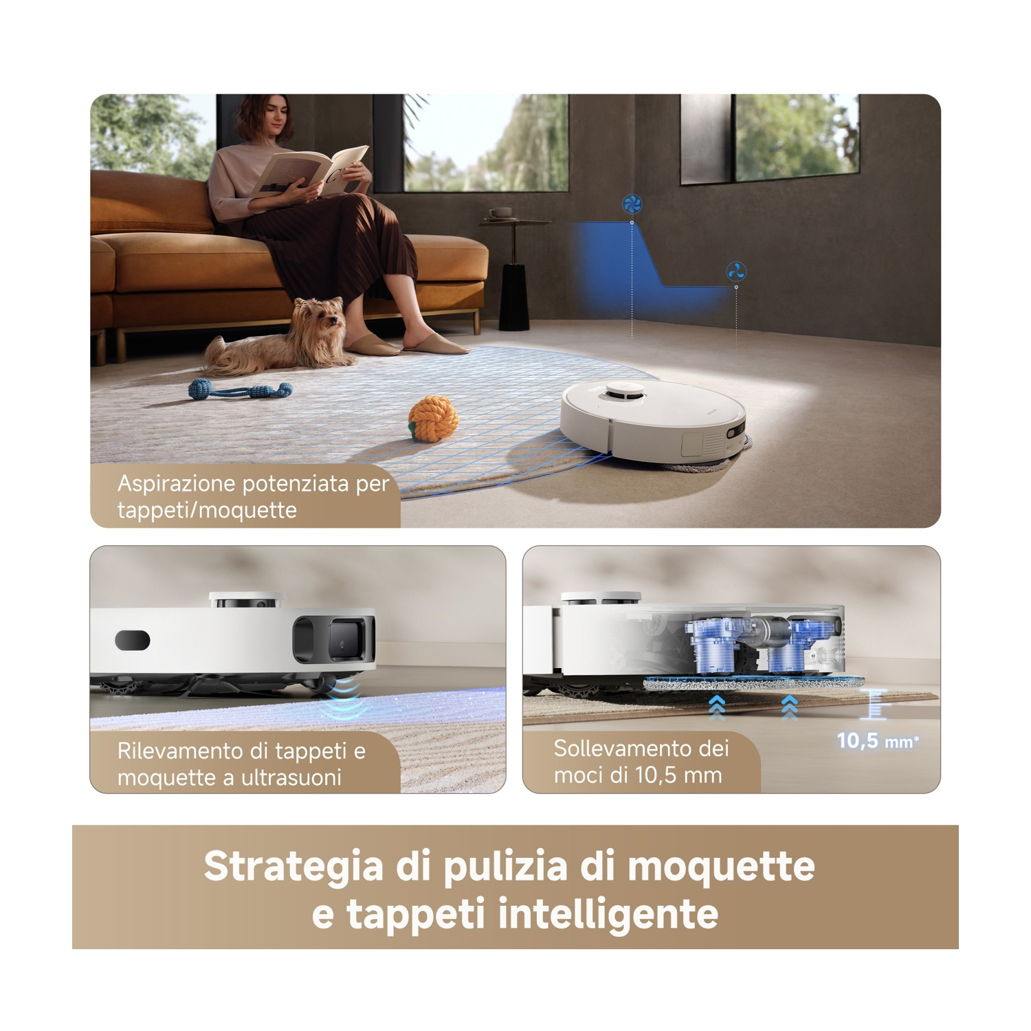 Un robot aspirapolvere pulisce tappeti con rilevamento ultrasuoni, sollevandosi 10,5 mm.