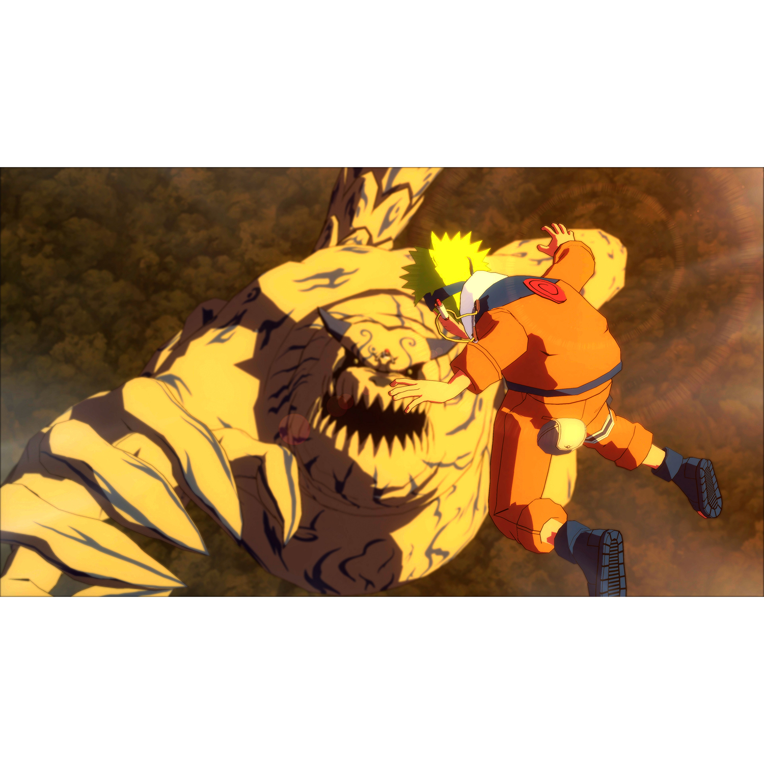 Naruto in arancione salta davanti a un mostro giallo gigante con denti.