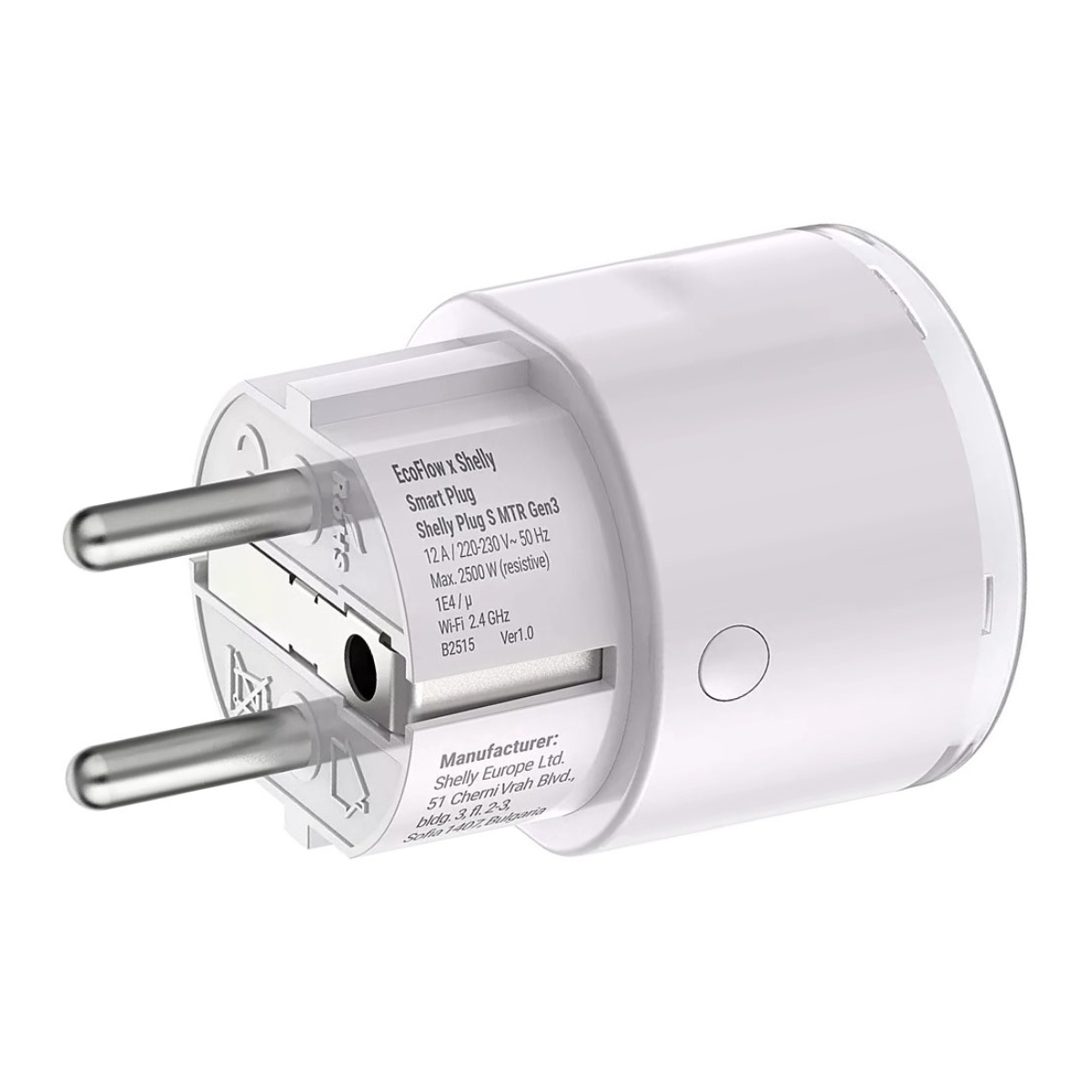 Una presa intelligente bianca EcoFlow x Shelly con due pin metallici. Testo sul case.