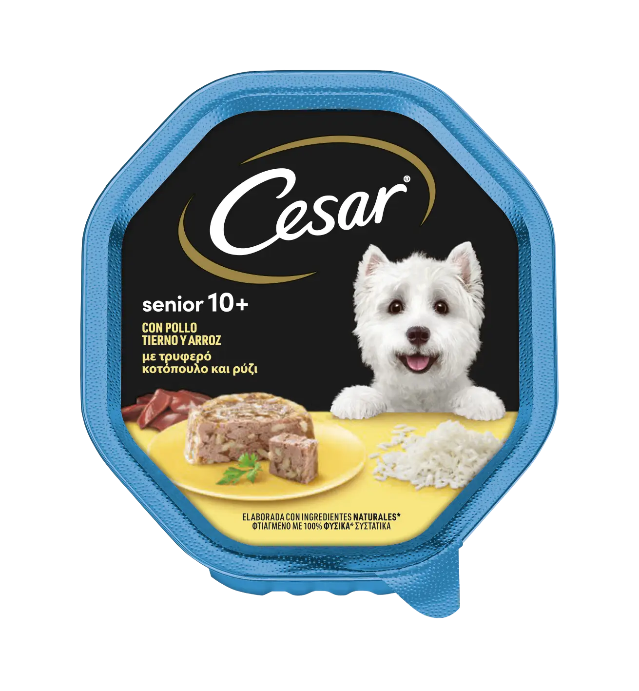 Envase de comida para perro con perro blanco, pollo y arroz.