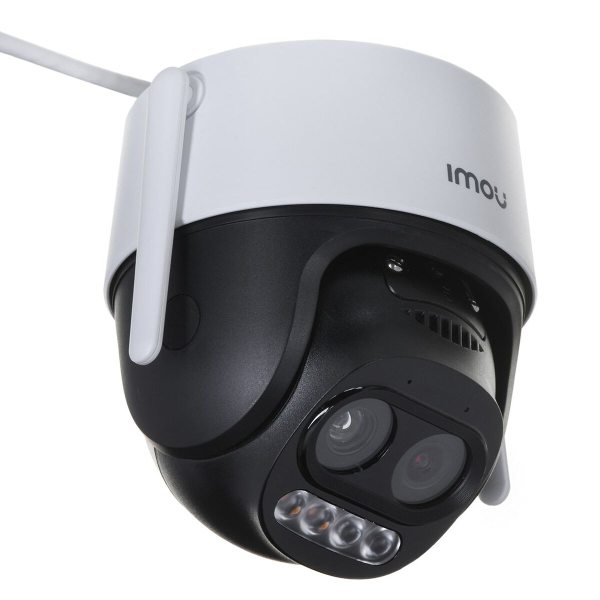 A white and black security camera with two lenses and four lights.