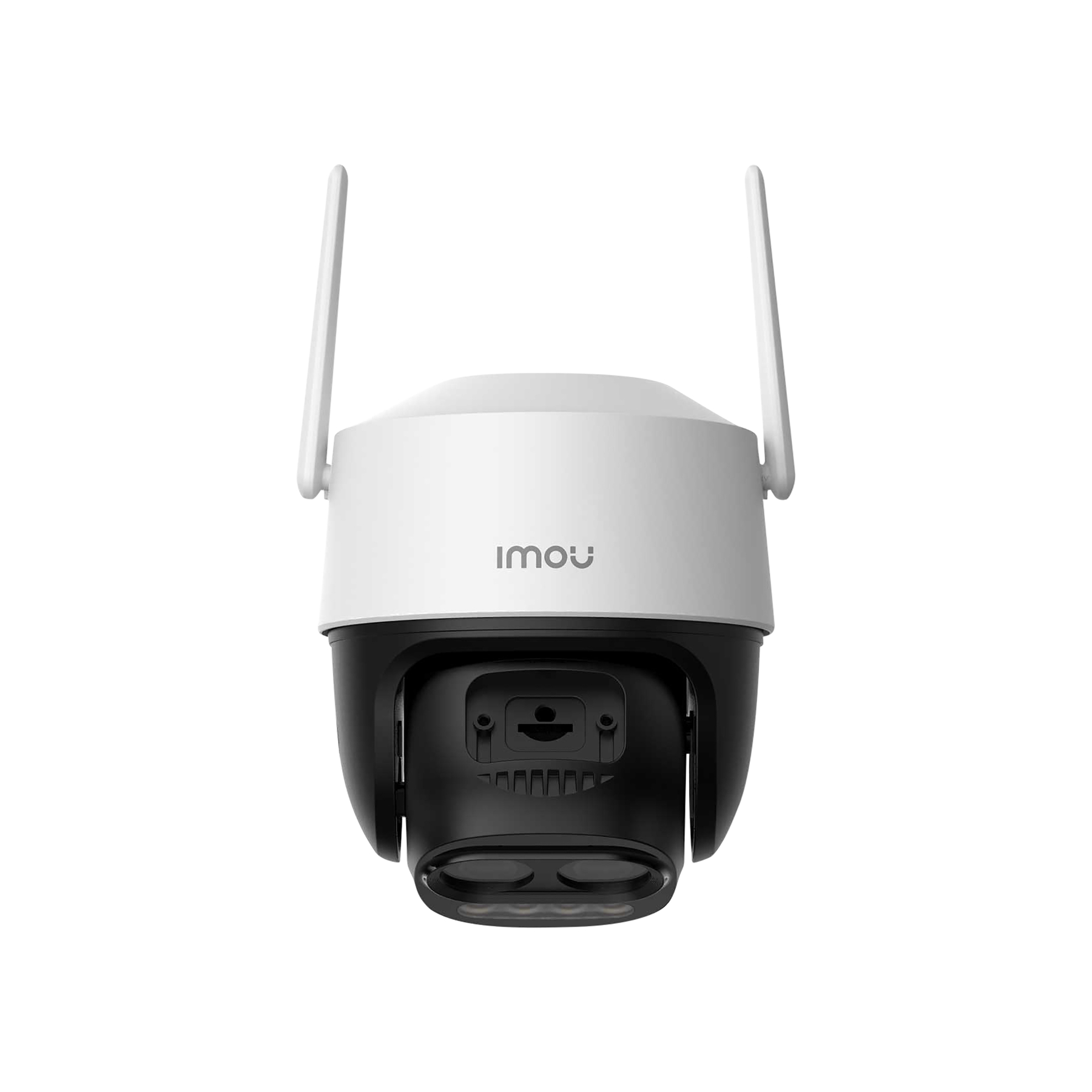 A white security camera with two antennas and a black housing.
