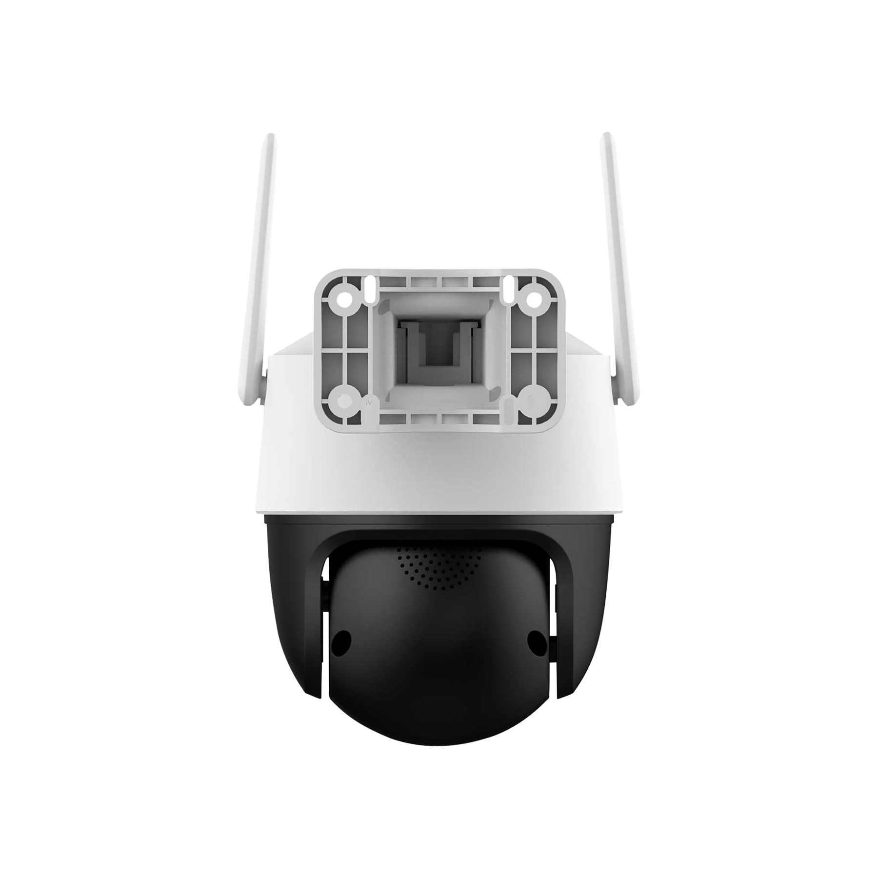 A white security camera with a black casing and two antennas.