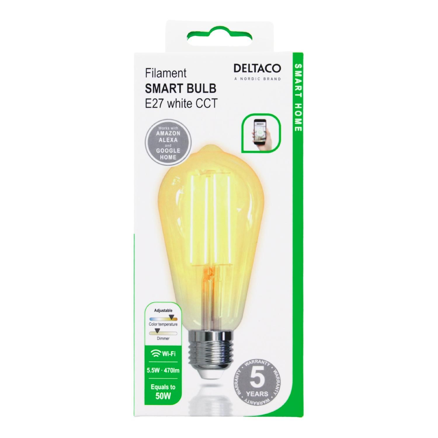 Verpackung einer Deltaco Smart Glühbirne E27 mit Filament-Design, kompatibel mit Alexa/Google.