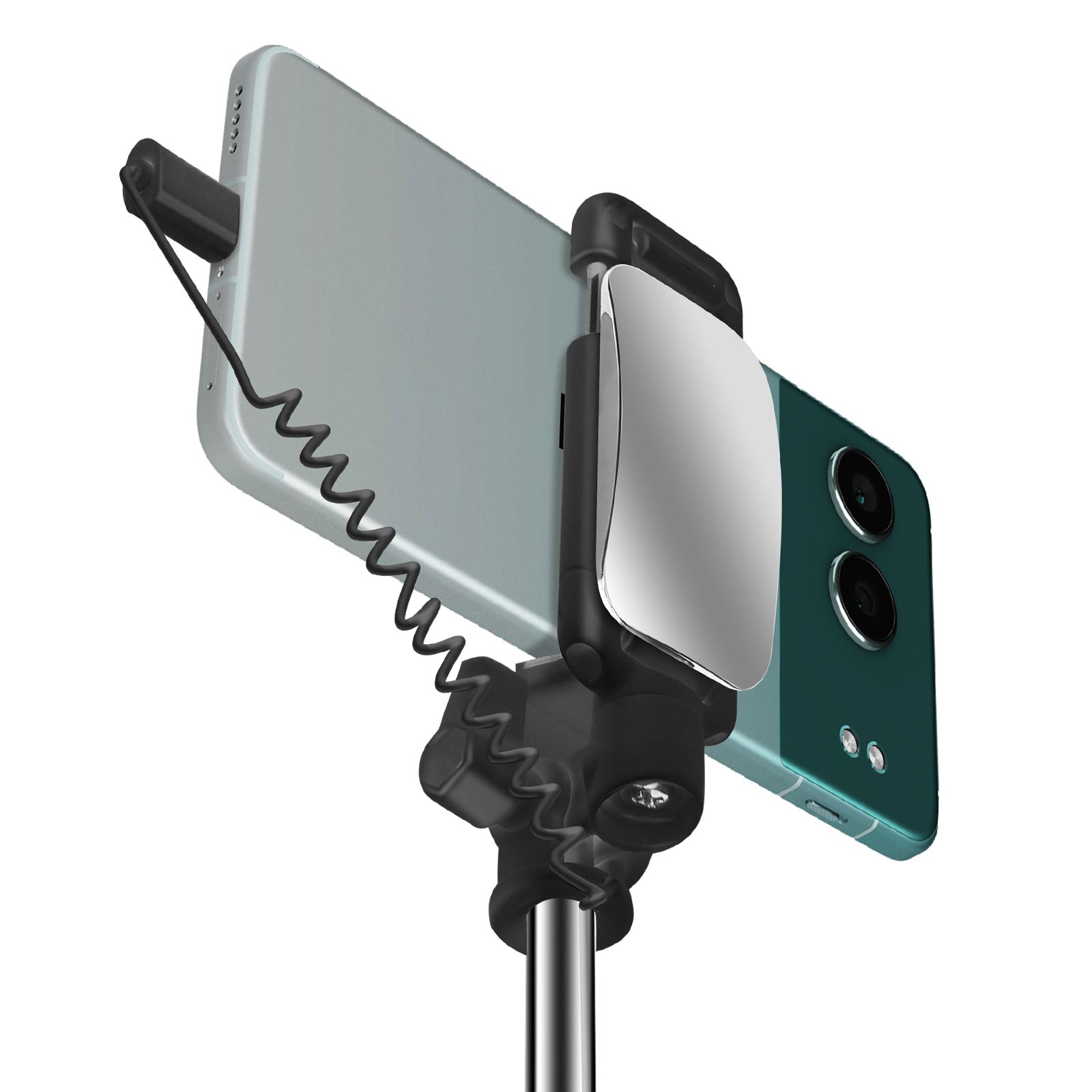 Uno smartphone con flash su un supporto per treppiede con cavo a spirale.