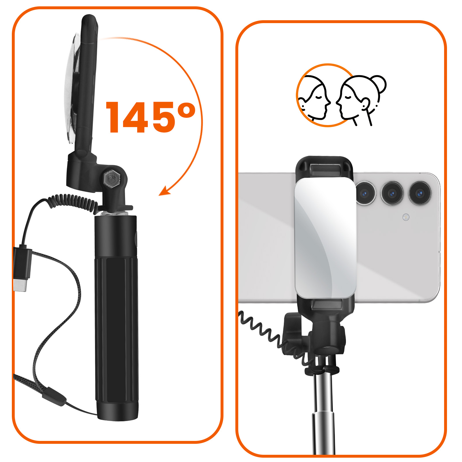 Un selfie stick con luce bianca e telefono, che mostra rotazione 145°.