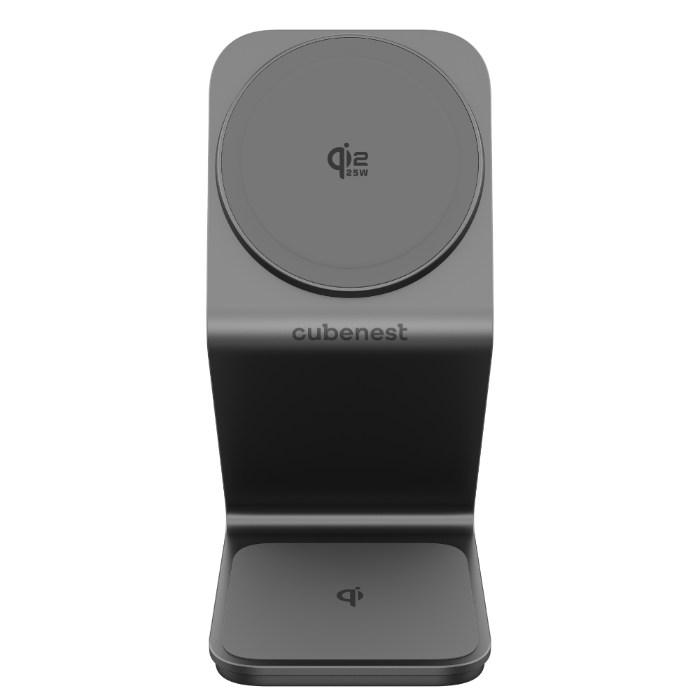 Ein dunkles, zweistufiges Ladegerät mit Qi-Logo und 25W-Angabe.
