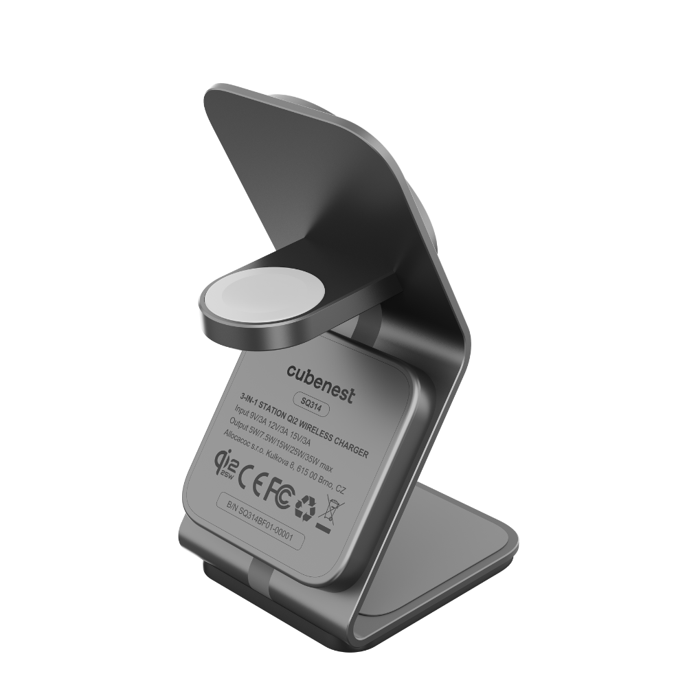 Graues 3-in-1 Wireless-Ladegerät für Smartphone und Uhr.