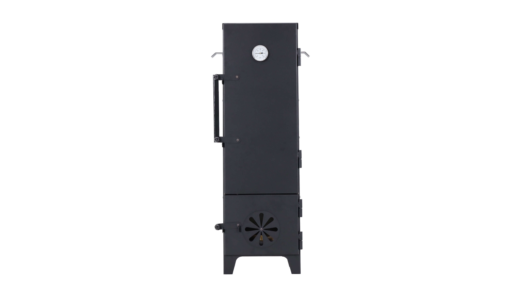 Schwarzer Smoker mit Thermometer und Lüftungsschaufel.