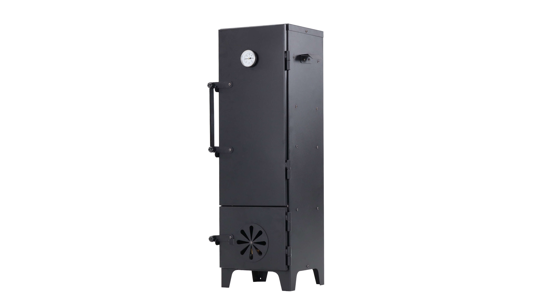 Schwarzer Smoker mit Thermometer und Griffen auf weißem Hintergrund.