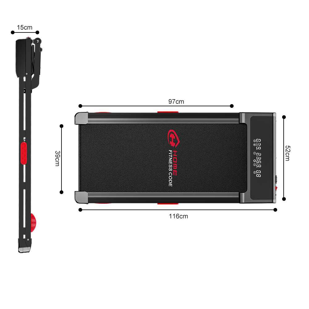 Czarna bieżnia z czerwonymi akcentami i wymiarami.