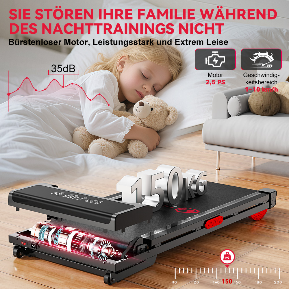 Śpiące dziecko z misiem obok bieżni o nośności 150 kg.