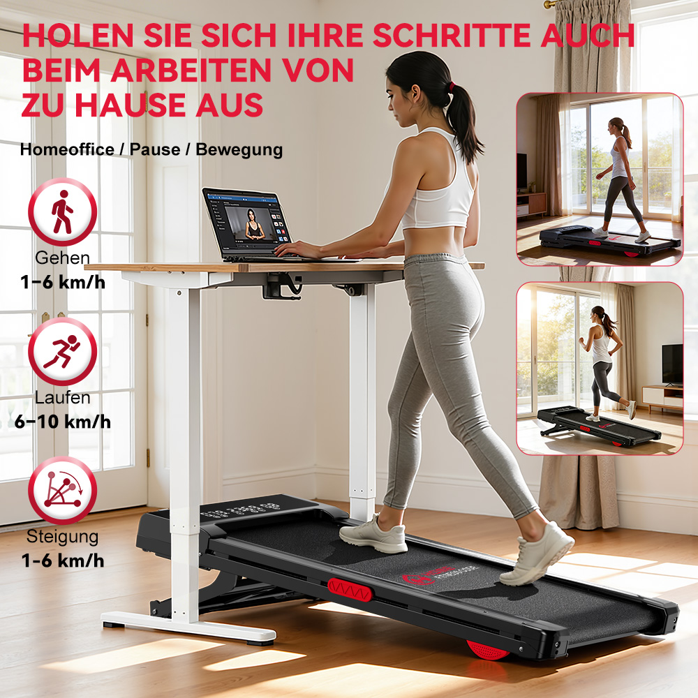 Kobieta na bieżni w domowym biurze przy biurku stojącym.