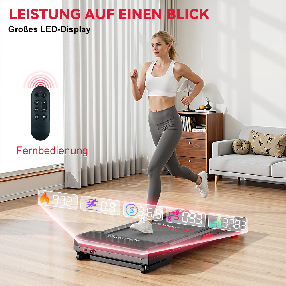 Kobieta biegnie na bieżni z pilotem i wskaźnikami na wyświetlaczu LED.