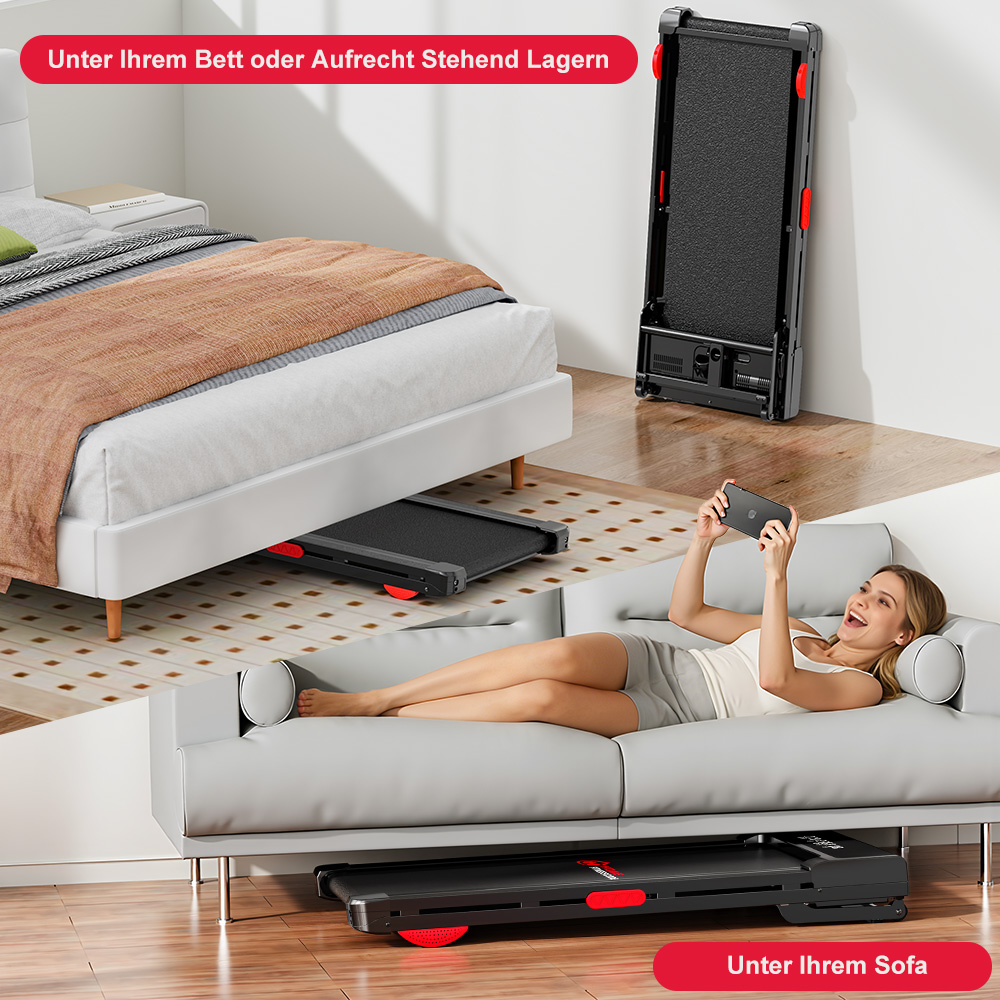 Bieżnia jest przechowywana pod łóżkiem i pod sofą. Kobieta leży na sofie, korzystając z telefonu.