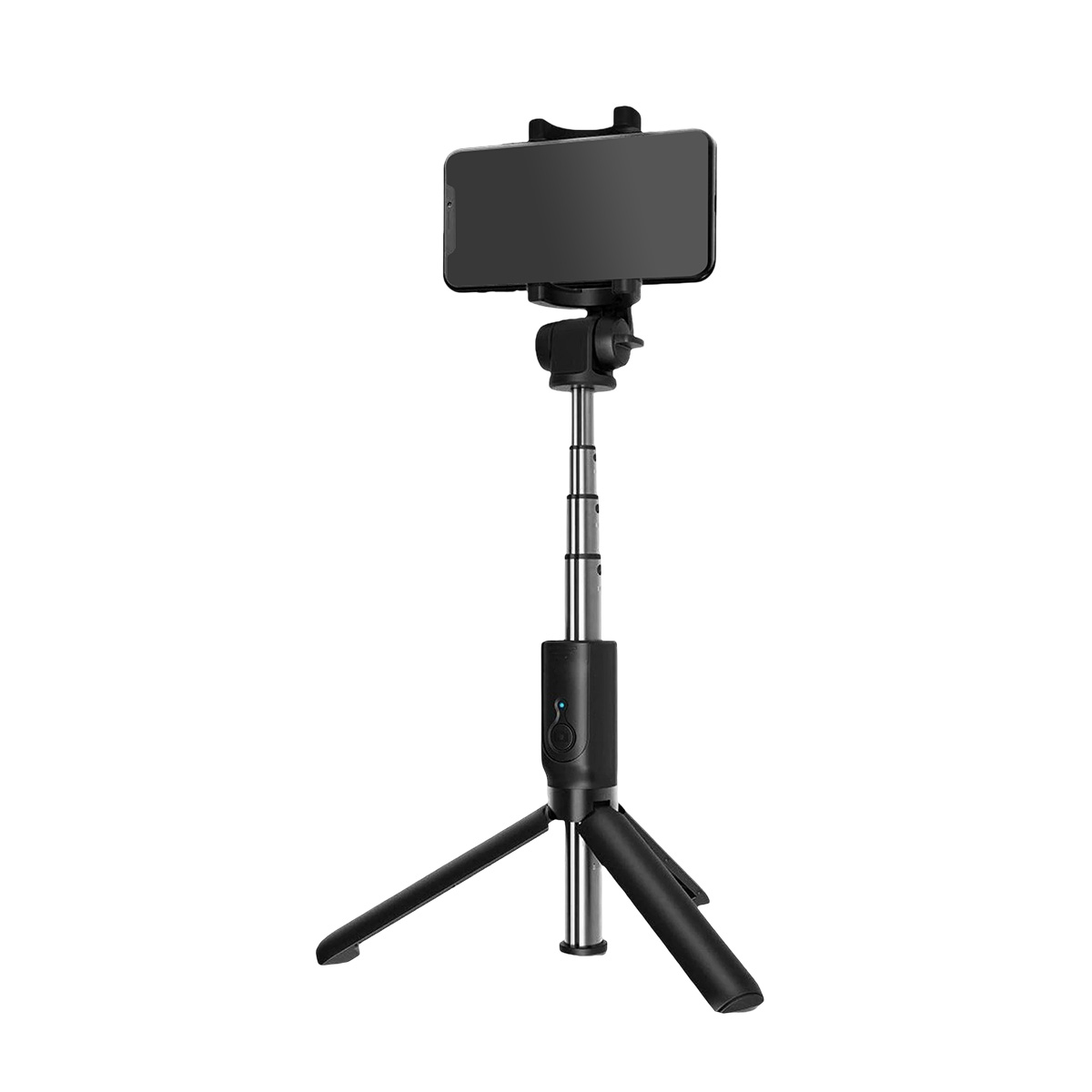 Ein schwarzer Selfie-Stick mit ausklappbarem Stativ und daran befestigtem Smartphone.