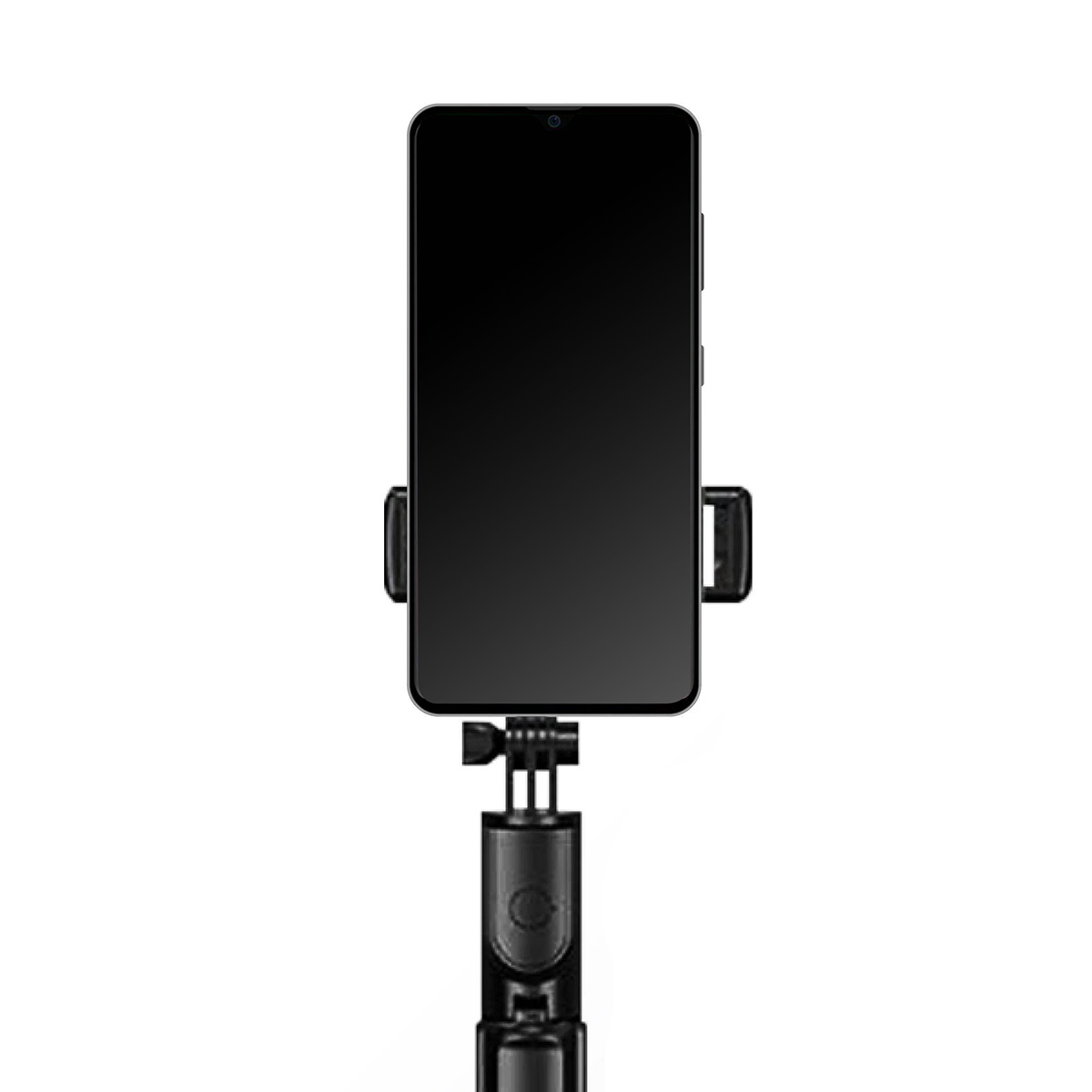 Ein schwarzes Smartphone ist auf einem Selfie-Stick montiert.