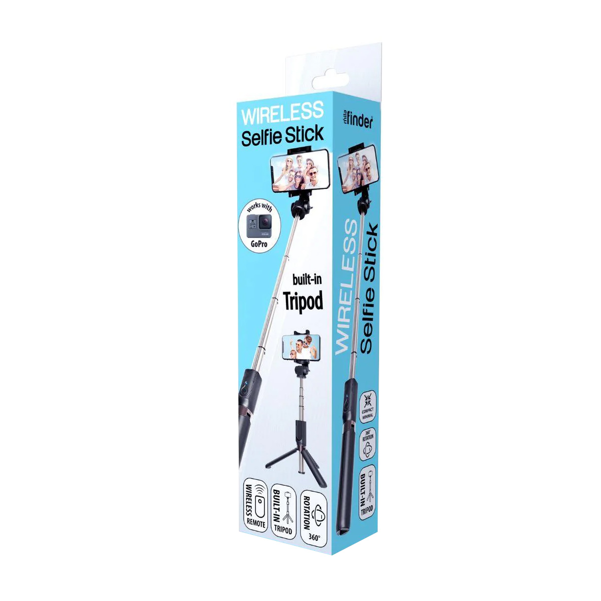 Verpackung eines kabellosen Selfie-Sticks mit integriertem Stativ und Fernbedienung.