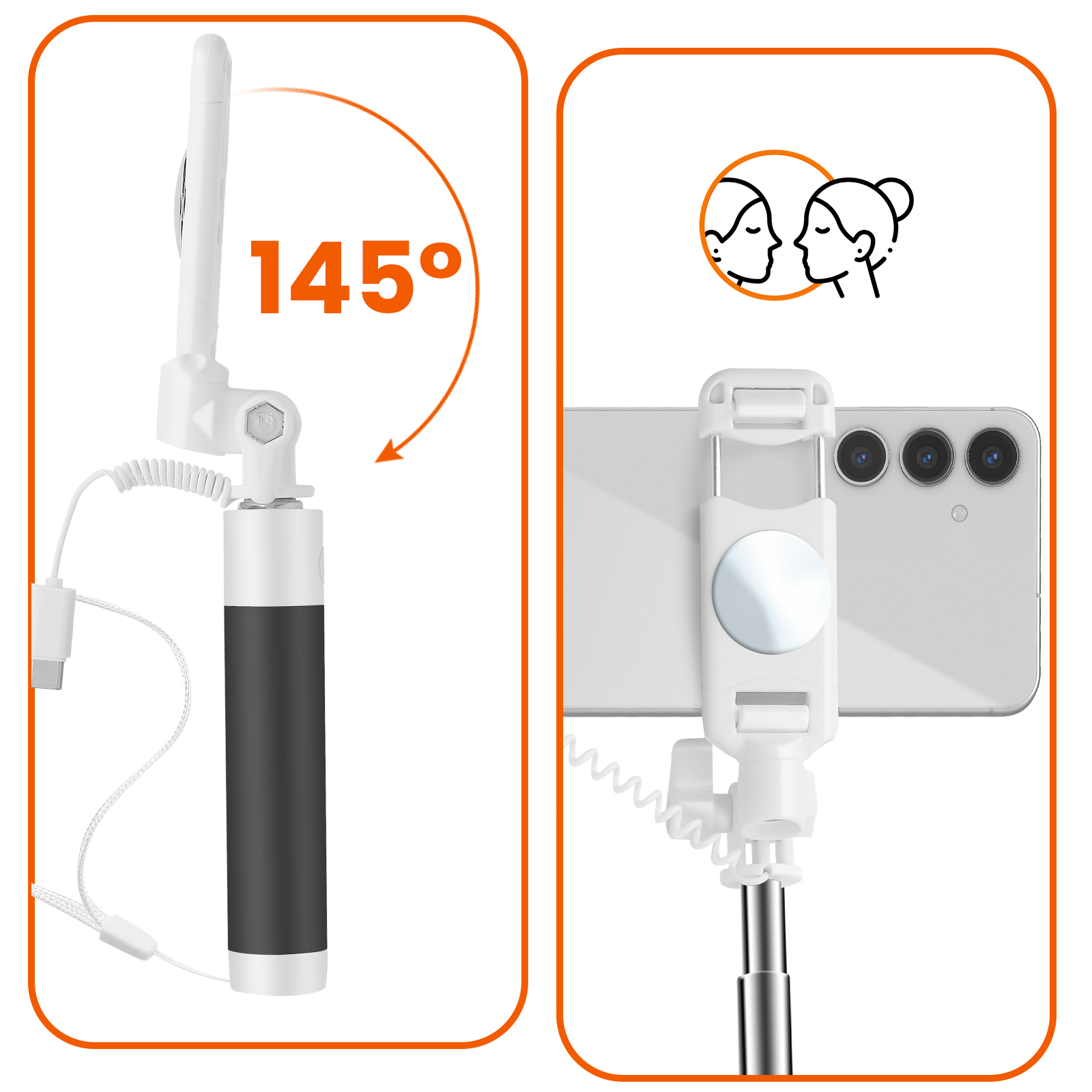 Bastone selfie con supporto telefono, angolo 145°, cavo USB-C.