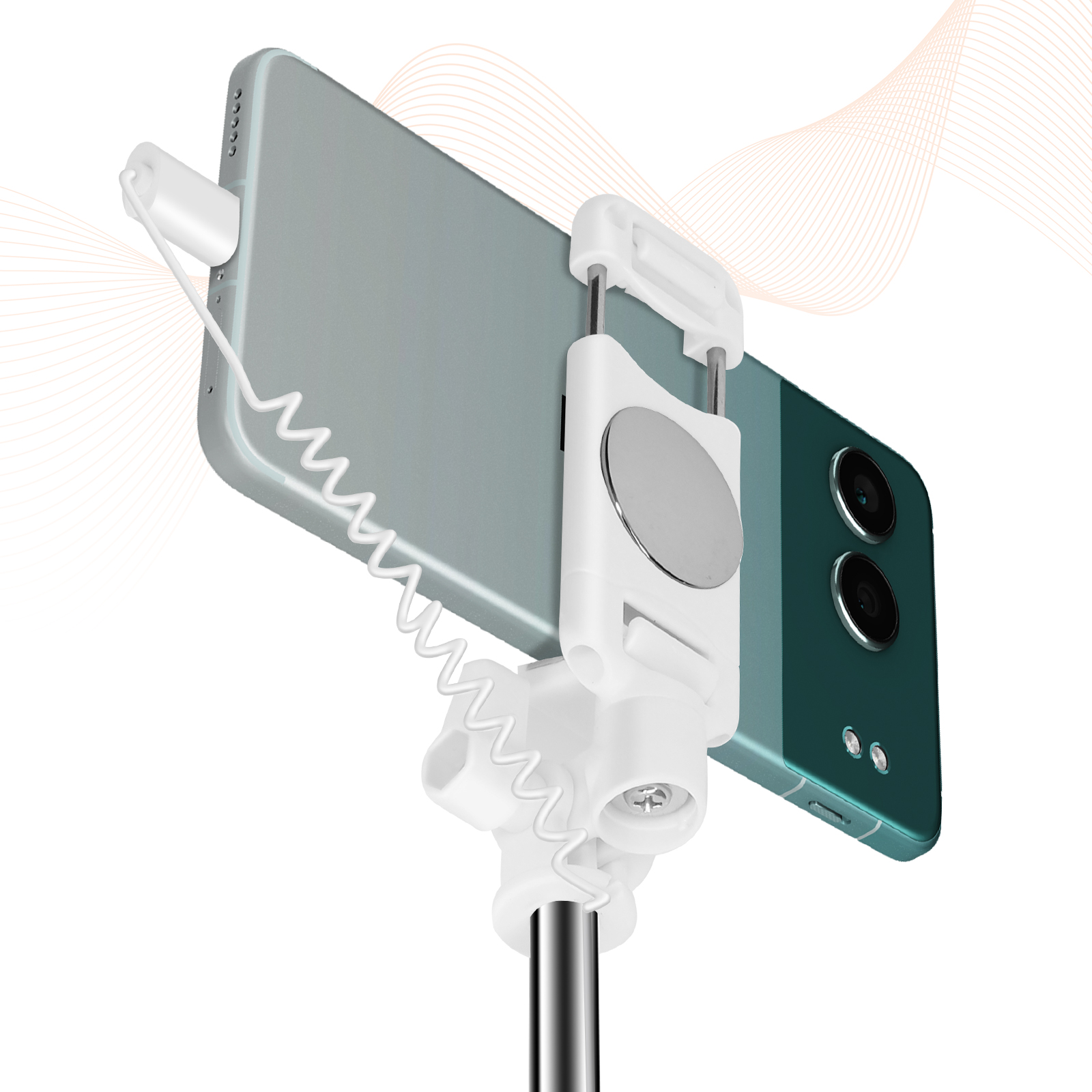 Uno smartphone assicurato da un supporto e un cavo bianchi fissati a un supporto.