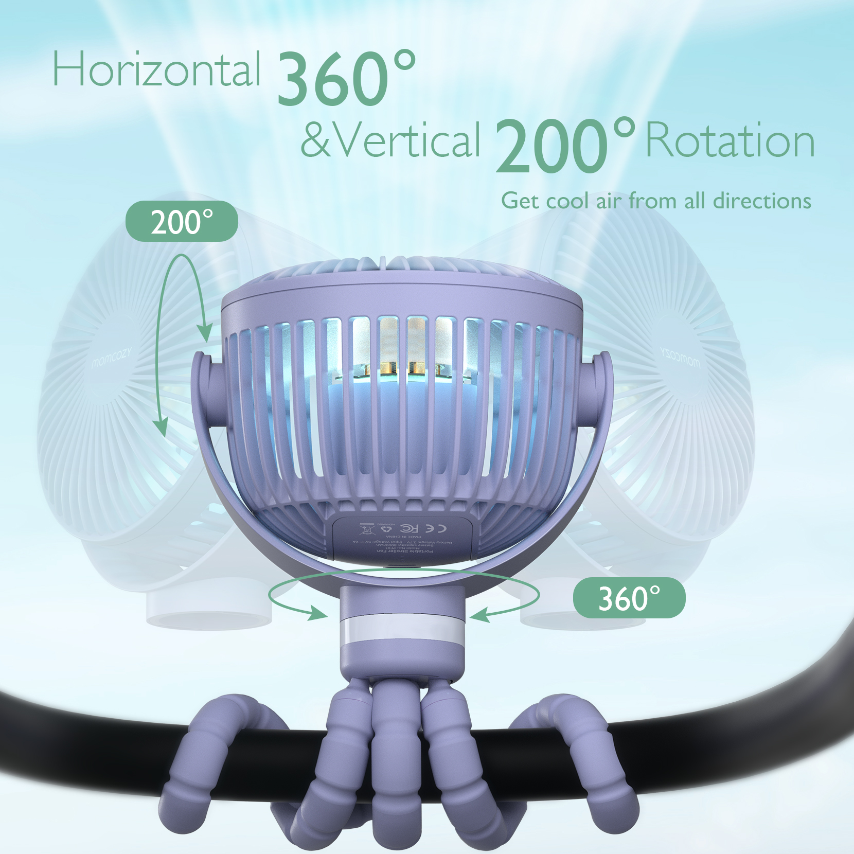 Ein lila Ventilator mit flexiblen Beinen, das 360 Grad horizontal und 200 Grad vertikal dreht.