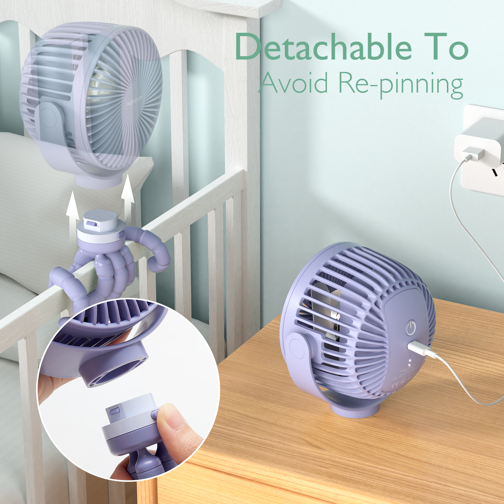 Ein lavendelfarbener Ventilator ist an einem Babybett befestigt. Ein anderer Ventilator wird aufgeladen.