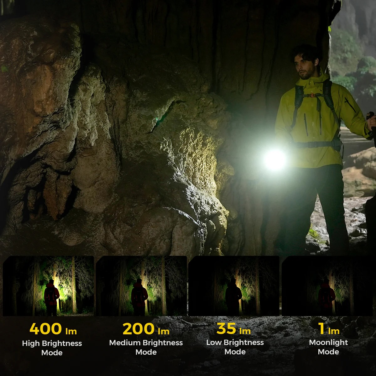 Mann leuchtet mit Taschenlampe in dunkler Höhle; vier Modi angezeigt.