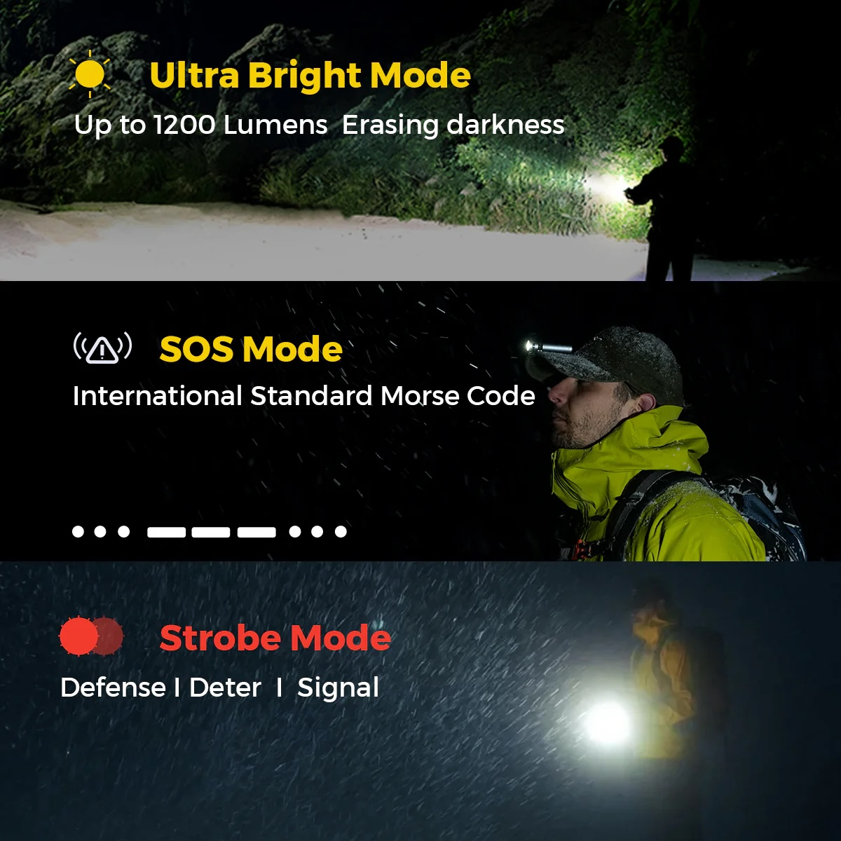 Drei Lichtmodi: Hell, SOS-Morsecode und Stroboskoplicht im Einsatz.