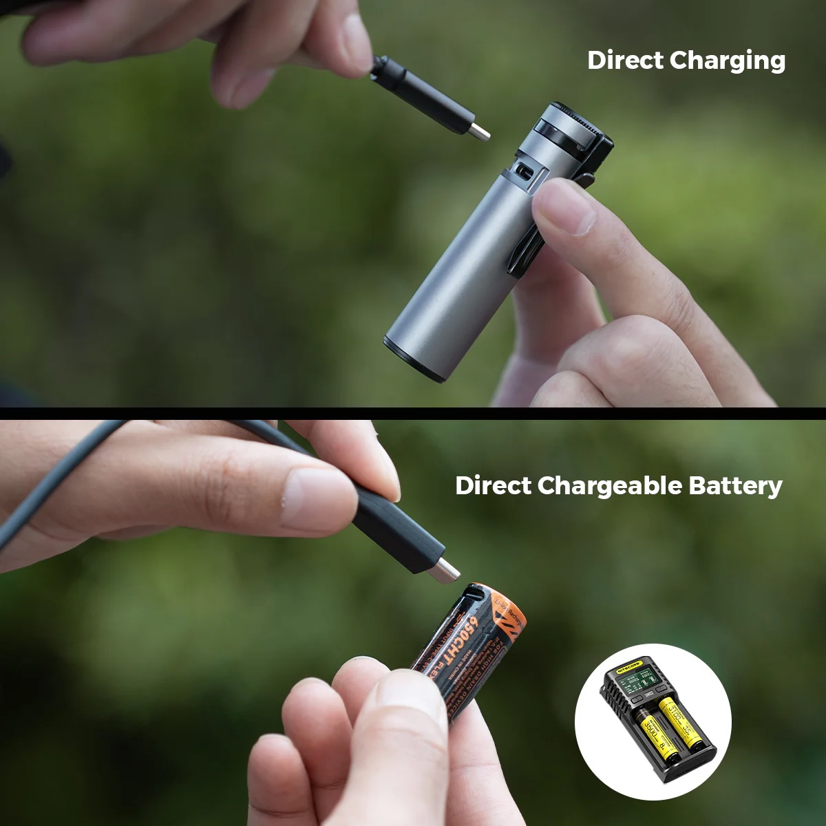 Oberer Teil: Ladekabel wird in ein kleines silbernes Gerät gesteckt. Unterer Teil: Kabel wird in eine Batterie gesteckt.