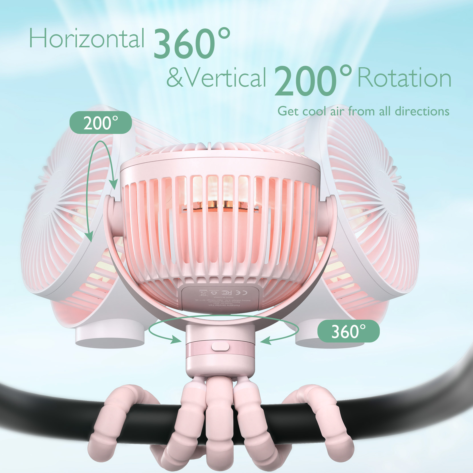 Ein pinker Ventilator mit flexiblen Beinen, der sich horizontal um 360° dreht.