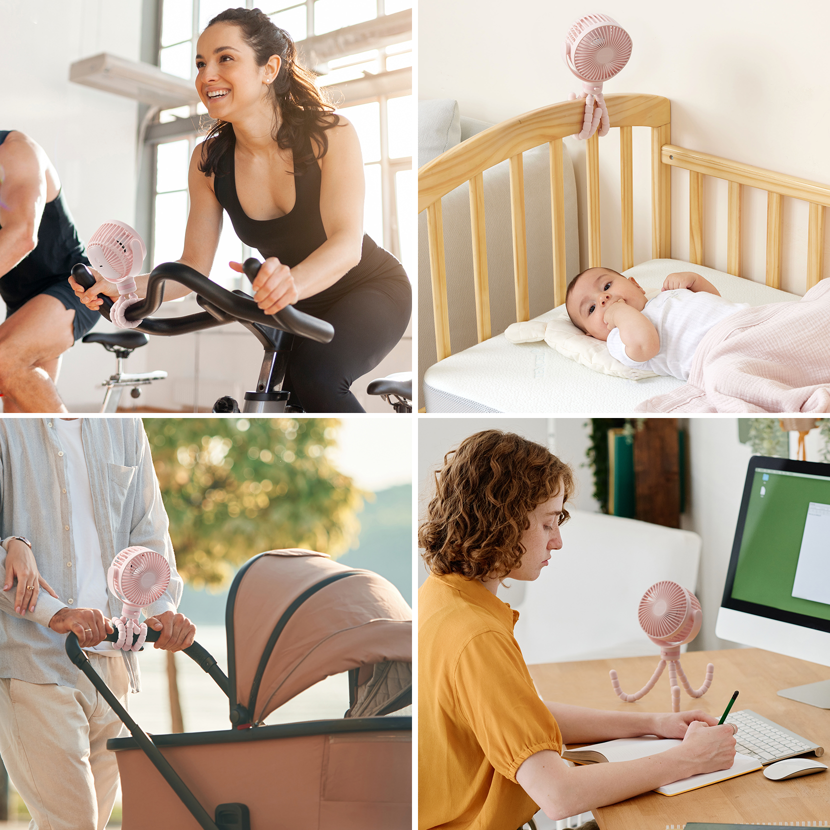 Frau auf Heimtrainer, Baby im Bett, Paar mit Kinderwagen, Frau am Schreibtisch.