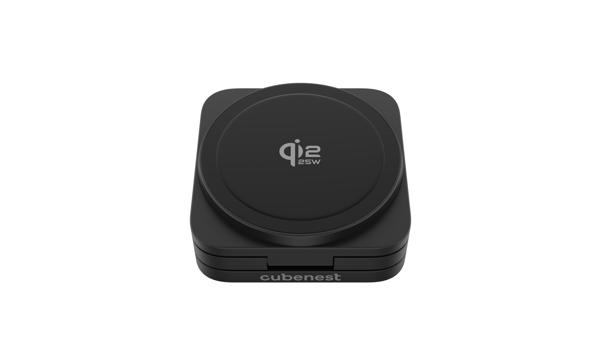 Ein schwarzes Qi-Ladegerät mit "qi2 25W" und "cubenest" Logo.