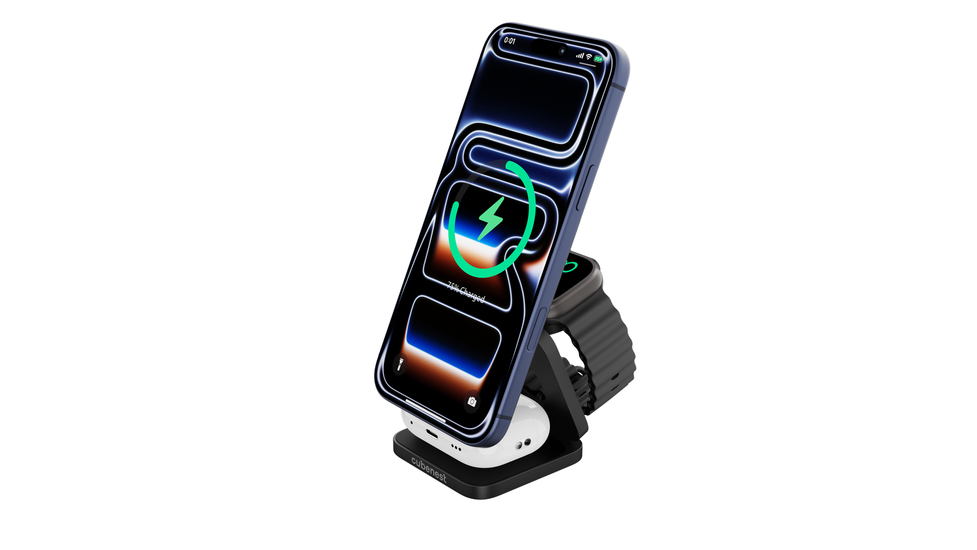 Ein blaues Smartphone und eine Apple Watch werden auf einem schwarzen Ladeständer geladen.