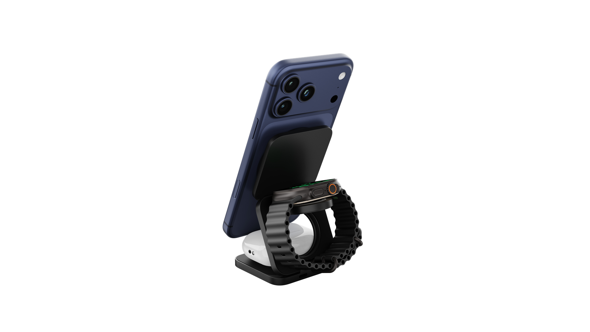 Ein blauer iPhone-Ständer mit Smartwatch und Ohrhörern.