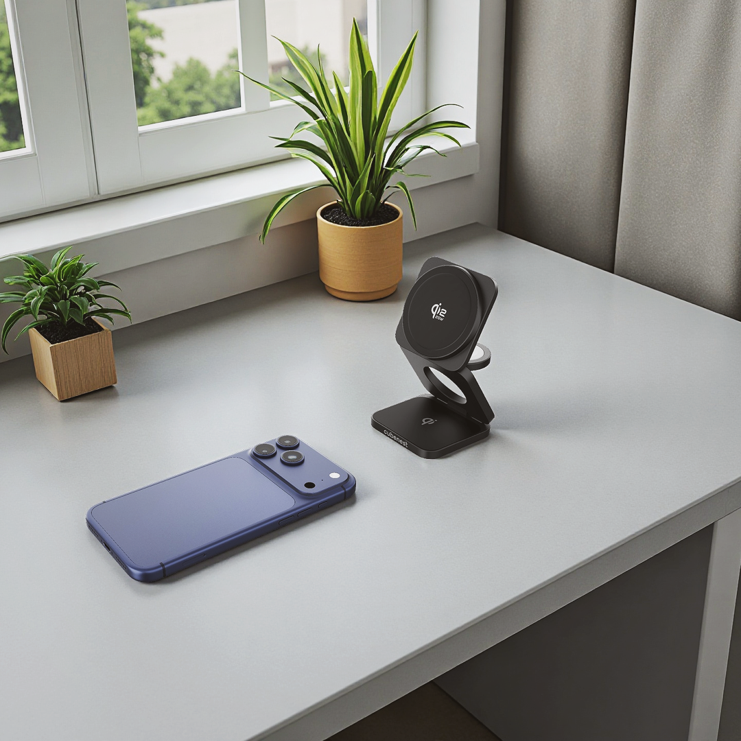Ein blaues Smartphone und ein schwarzer kabelloser Ladeständer auf einem Schreibtisch.