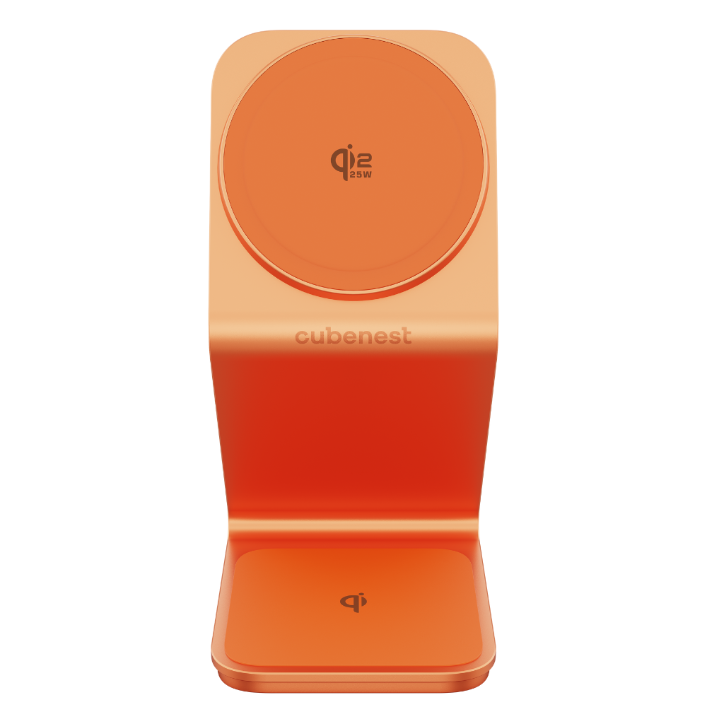 Ein orangefarbener Qi-Ladeständer mit dem Logo von Cubenest und Qi 25W.
