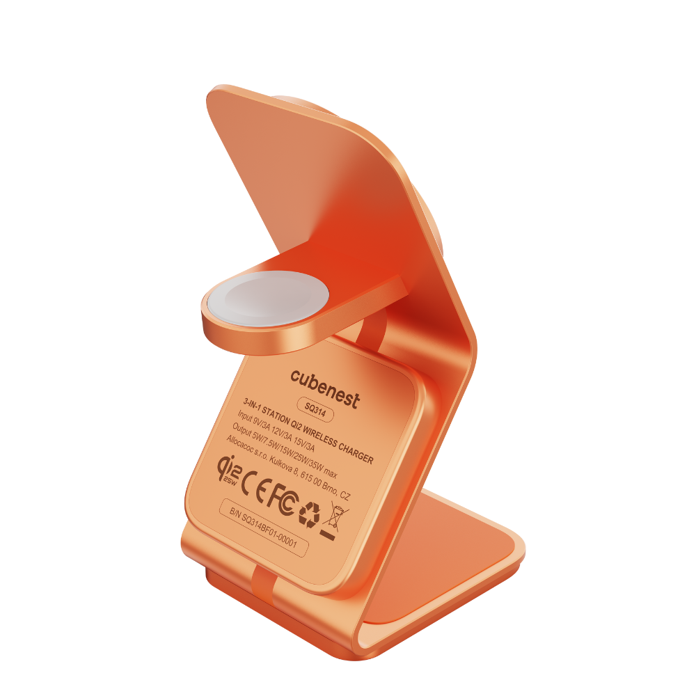Orange 3-in-1 Ladestation mit Qi2-Technologie für Telefon und Uhr.