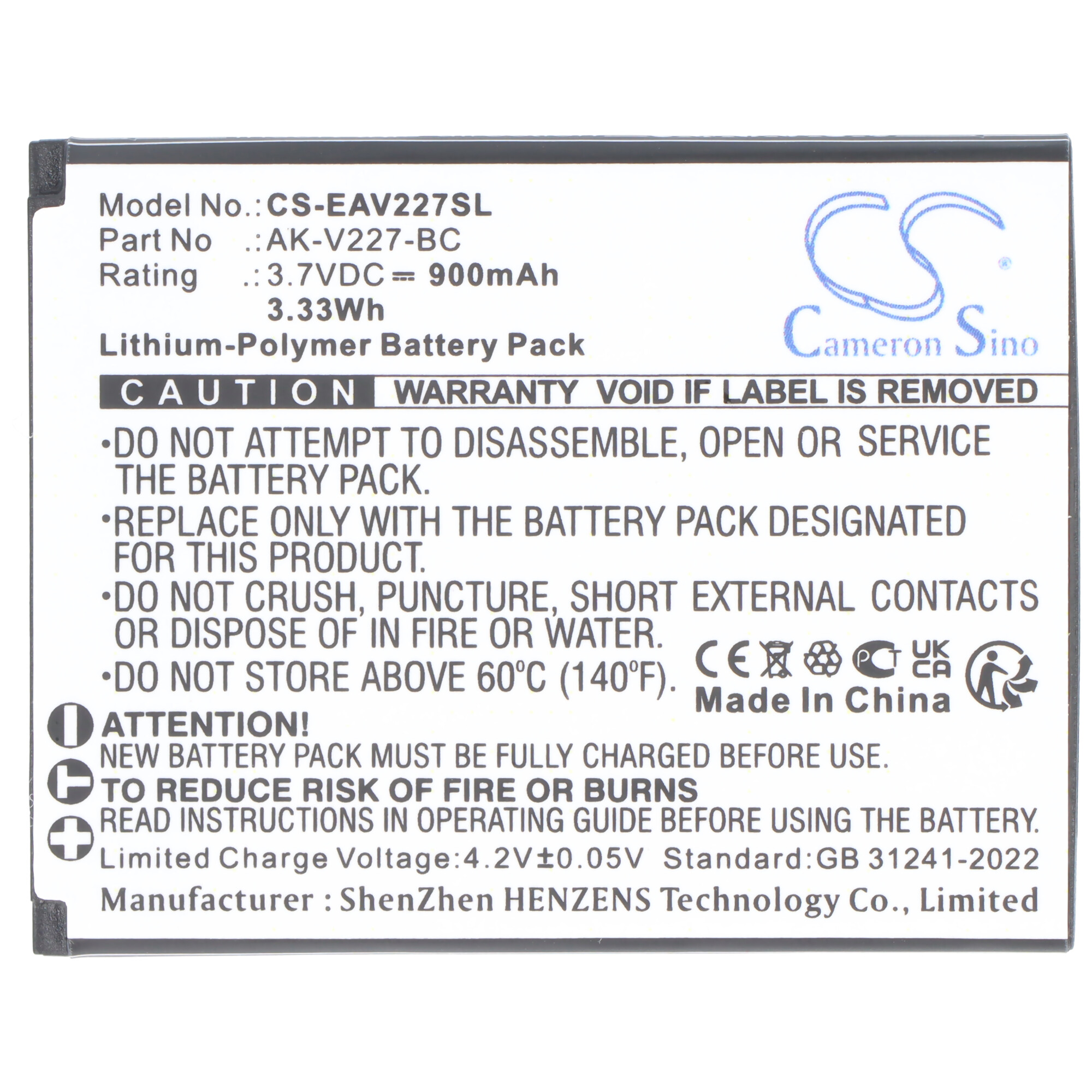 Ein Lithium-Polymer-Akku CS-EAV227SL, 3,7V, 900mAh, Made in China.