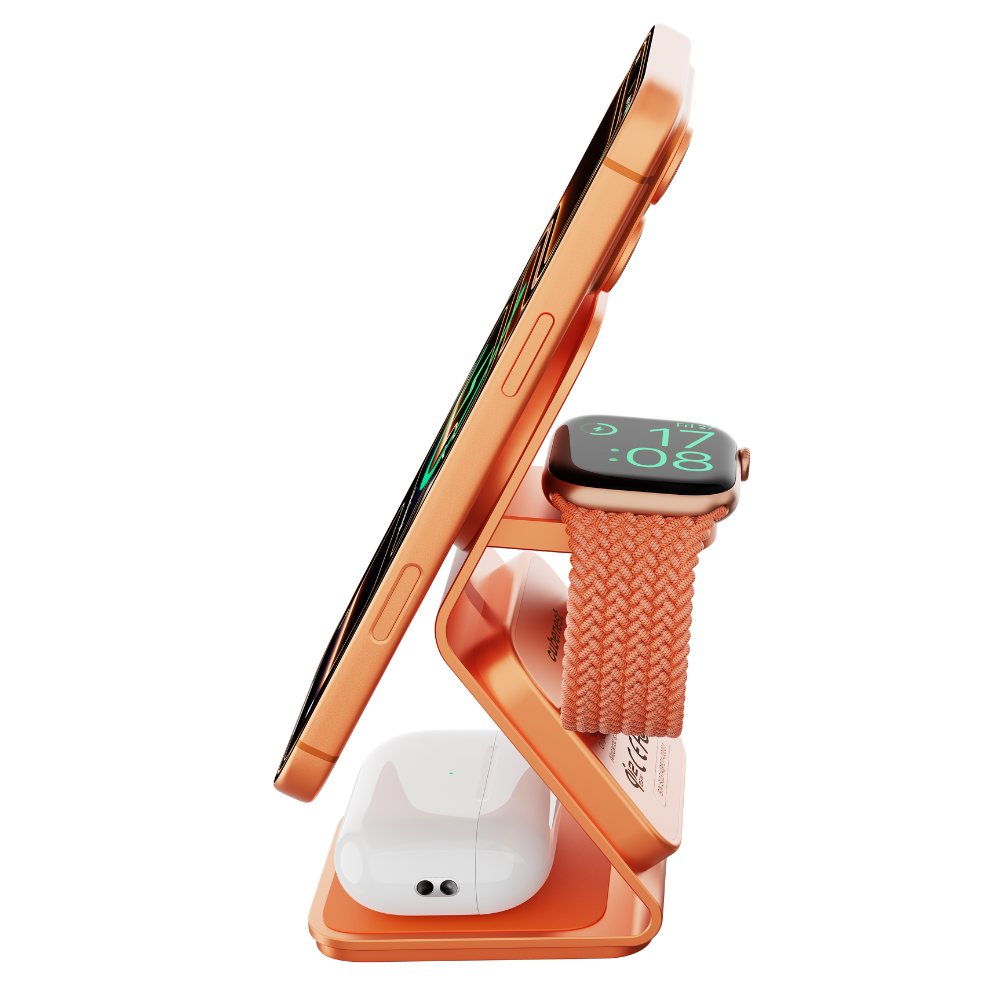 Orange Ladestation mit Handy, Uhr und Ohrhörern.